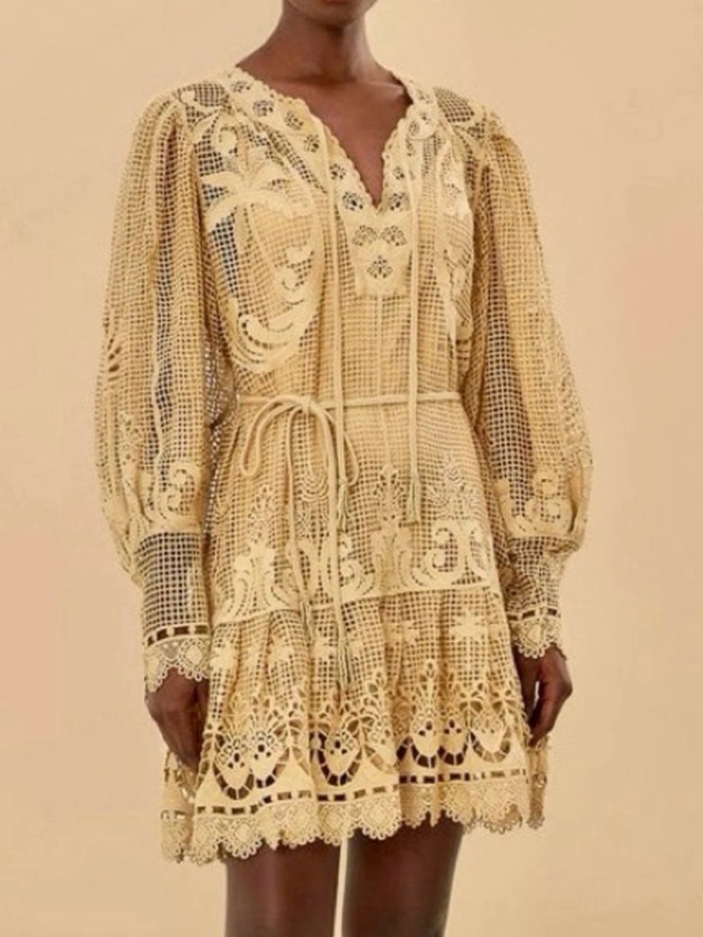 FARM Rio Cream Lace Crochet Long Sleeve Mini Dress